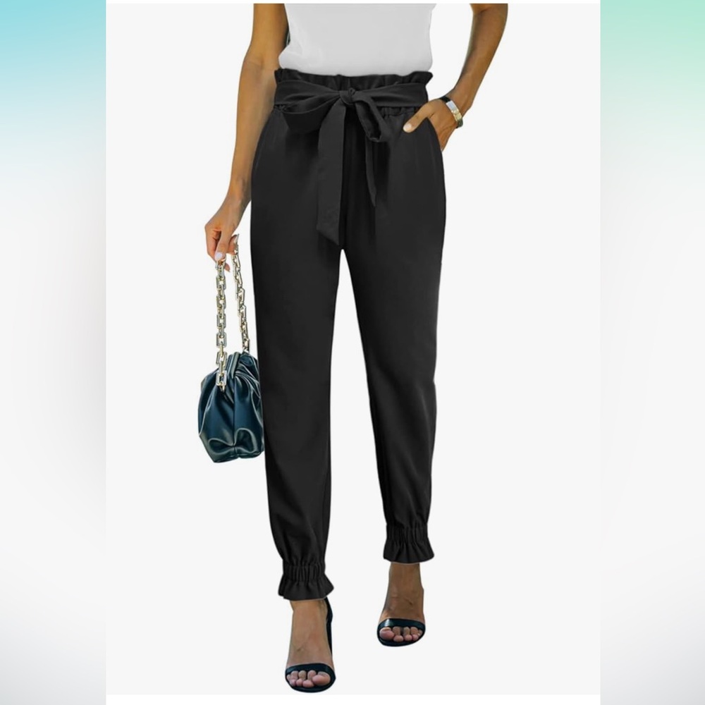 Gently used medium black paper bag dress pants with tie